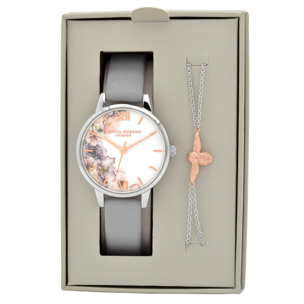Olivia Burton Women's Watch - Watercolour Floral White Dial Grey Strap | OBGSET45