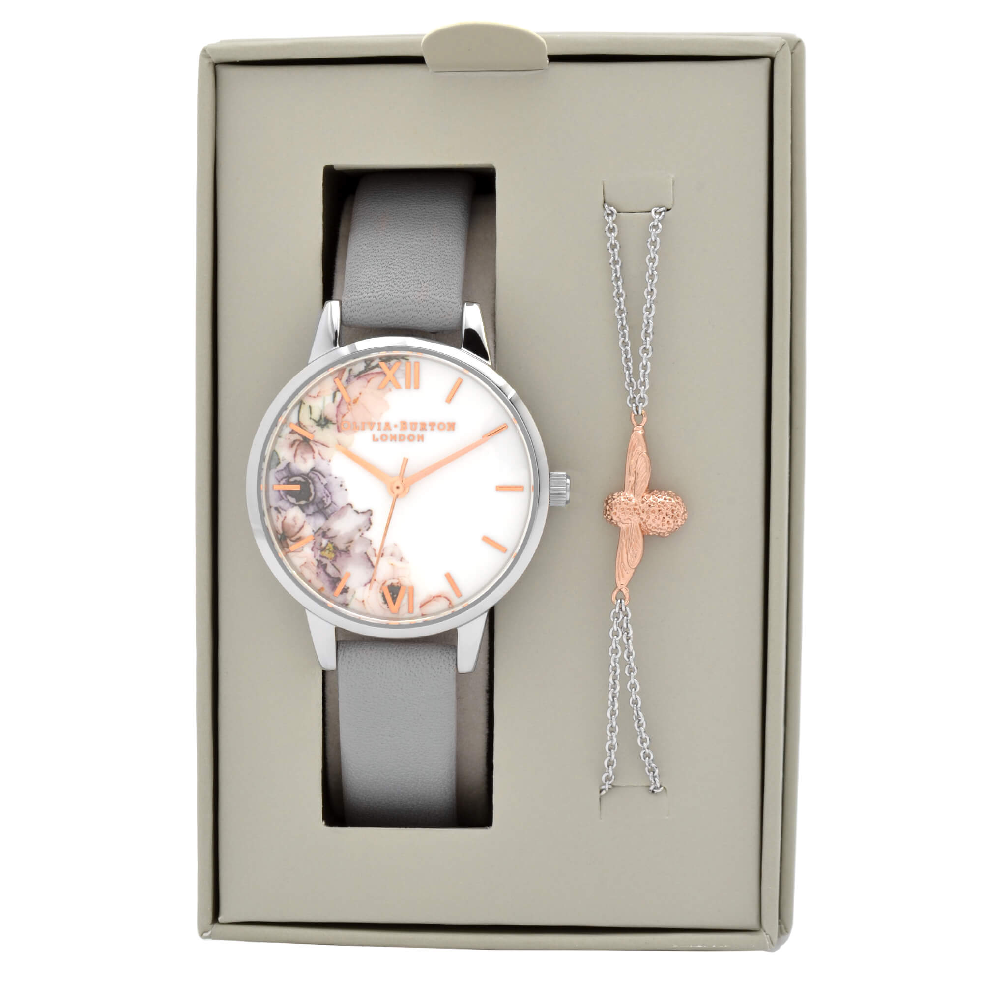 Olivia Burton Women's Watch - Watercolour Floral White Dial Grey Strap | OBGSET45