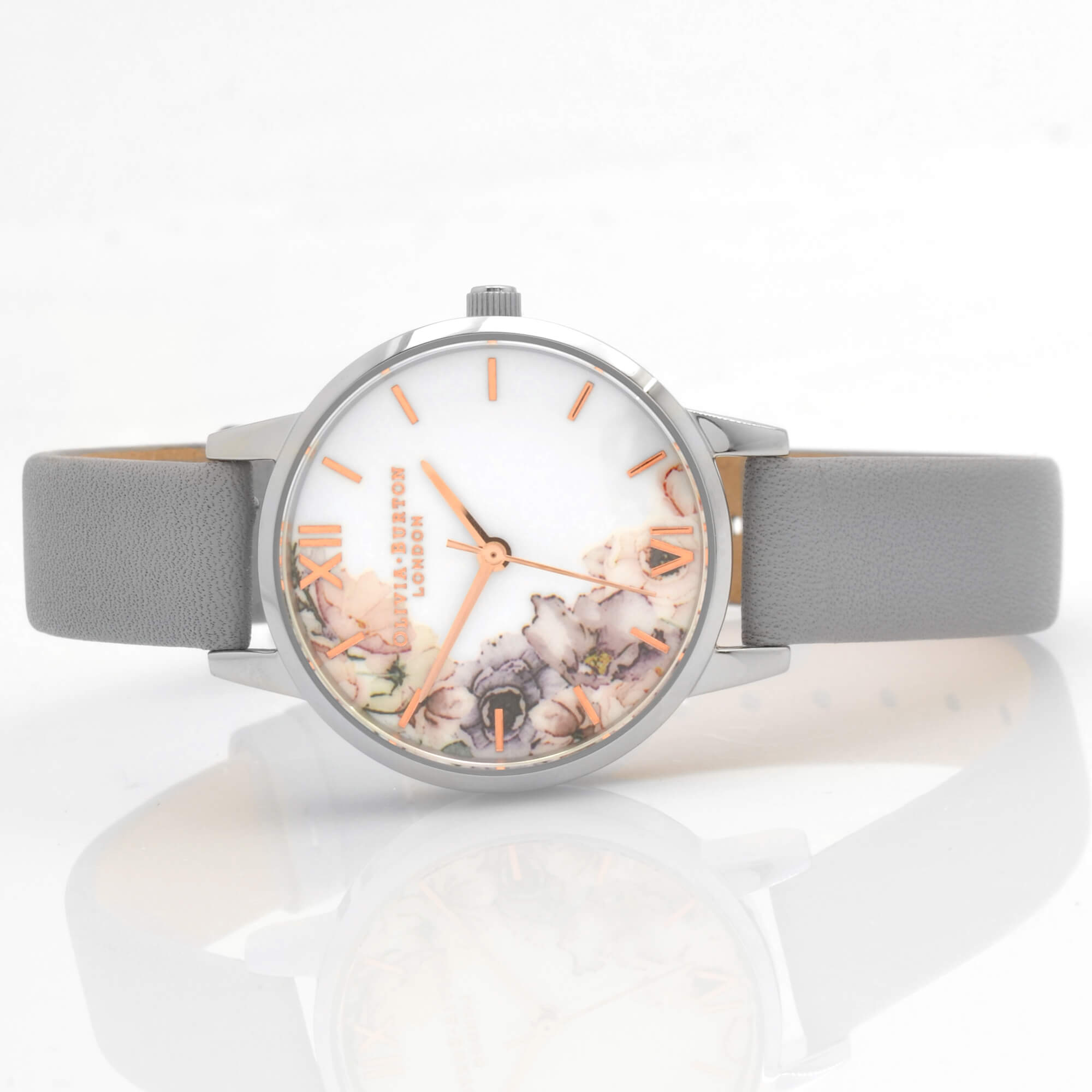 Olivia Burton Women's Watch - Watercolour Floral White Dial Grey Strap | OBGSET45