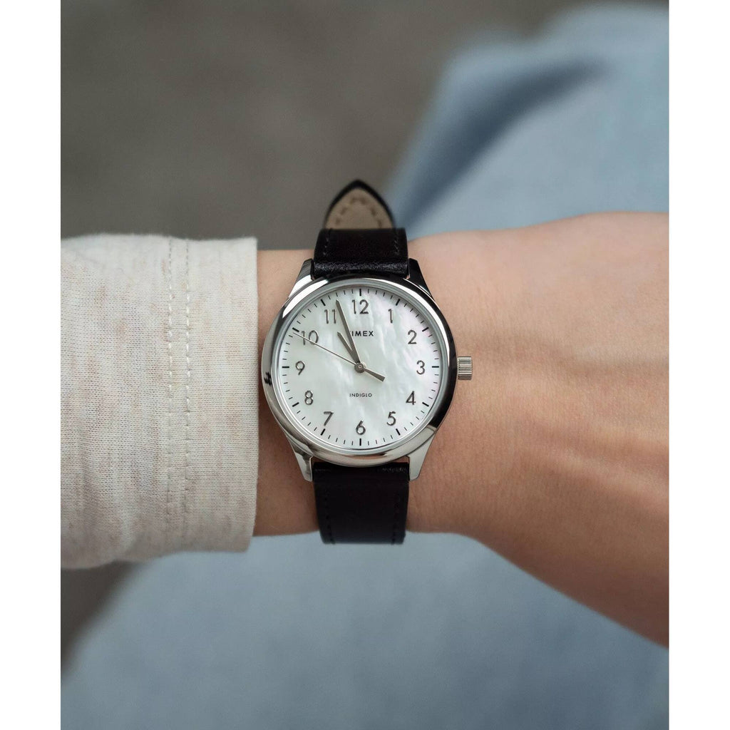 Timex Women's Watch - Easy Reader Quartz White Dial Black Leather Strap | TW2W15900