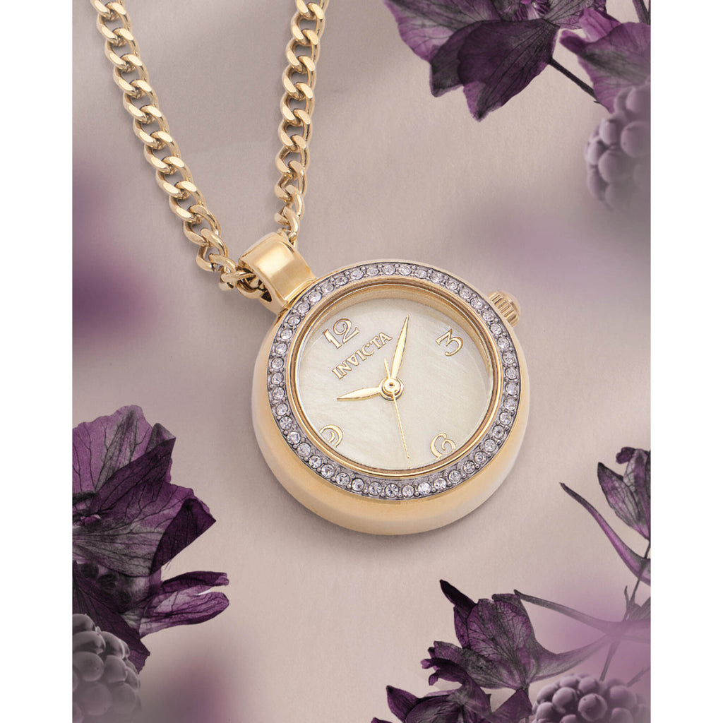 Invicta Women's Necklace Watch - Mini Angel MOP Dial Crystal Yellow Gold Case | 49932
