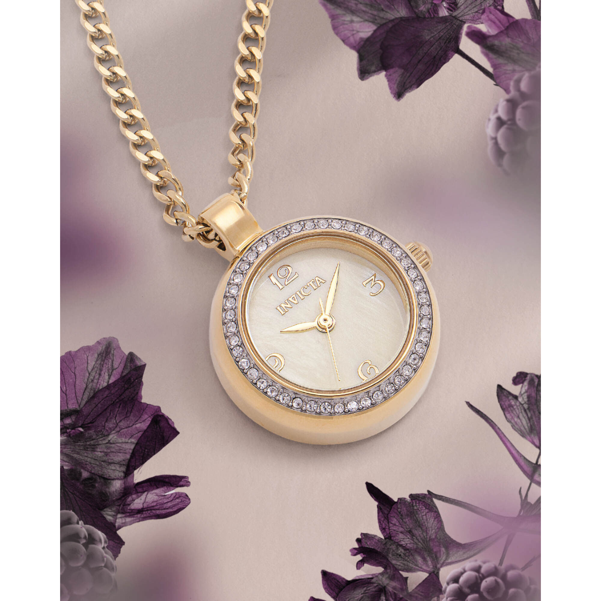 Invicta Women's Necklace Watch - Mini Angel MOP Dial Crystal Yellow Gold Case | 49932