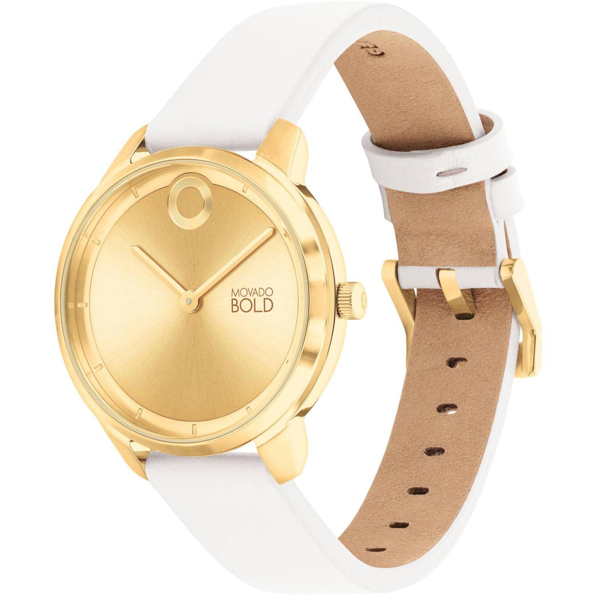 Movado Women's Watch - Trend Element Gold Tone Dial White Leather Strap | 3600985