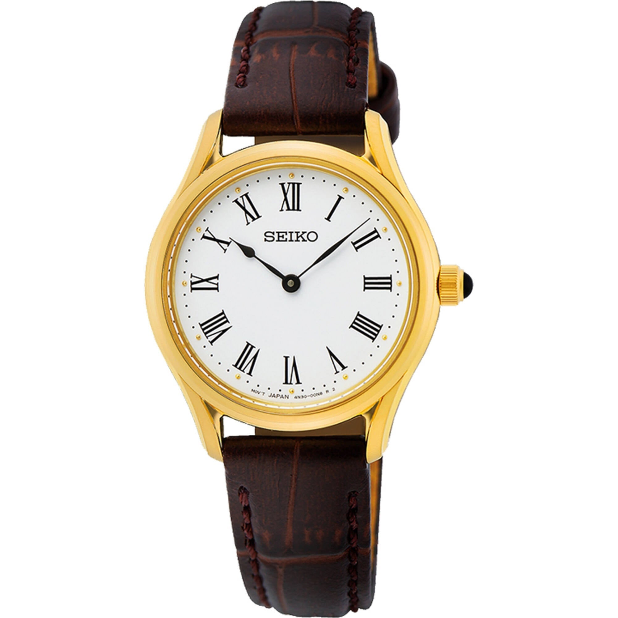 Seiko Women's Watch - Quartz Yellow Gold Tone Case Brown Leather Strap | SWR072P1