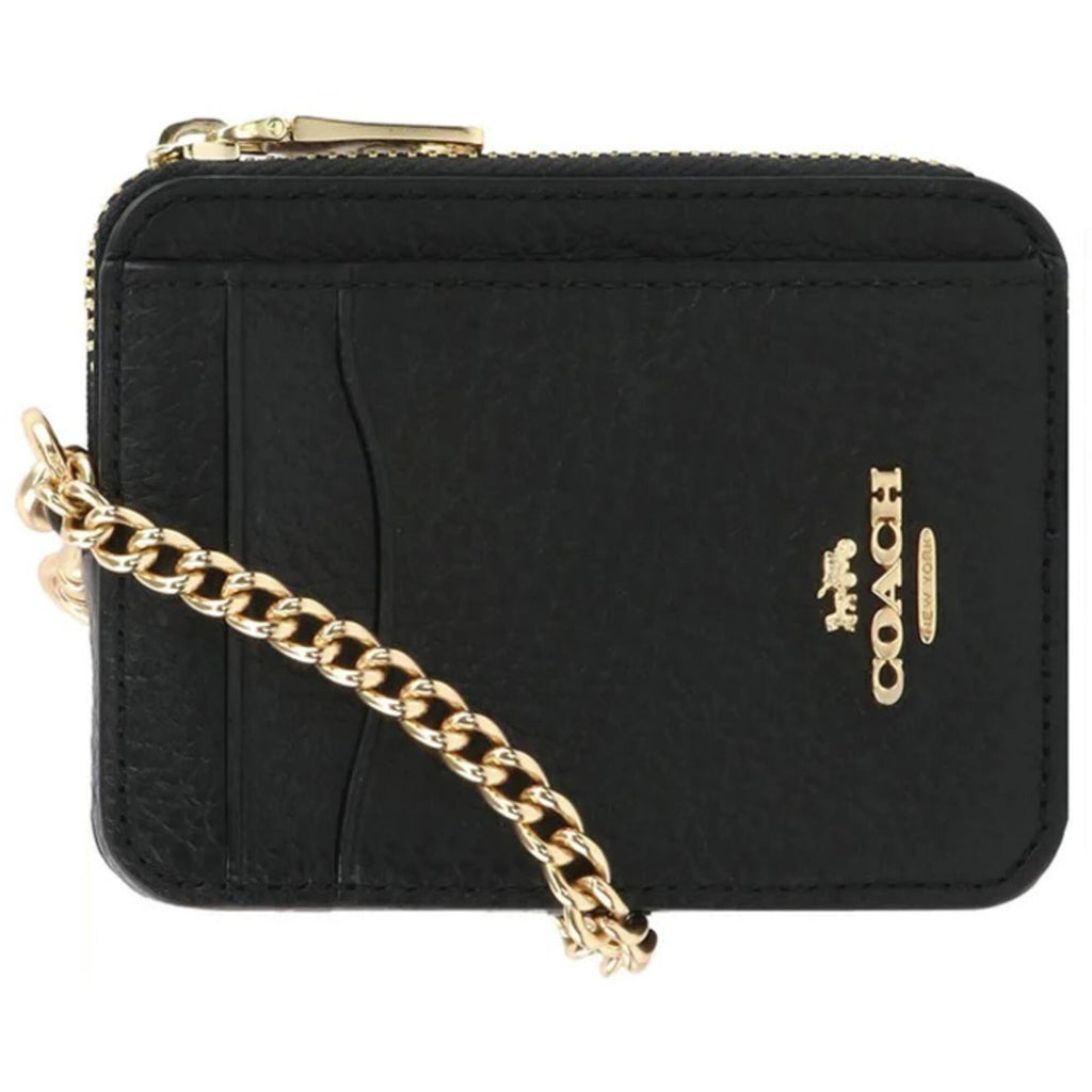 Coach Women's Zip Card Case - Refined Pebble Leather with Strap, Black | 6303 BLK