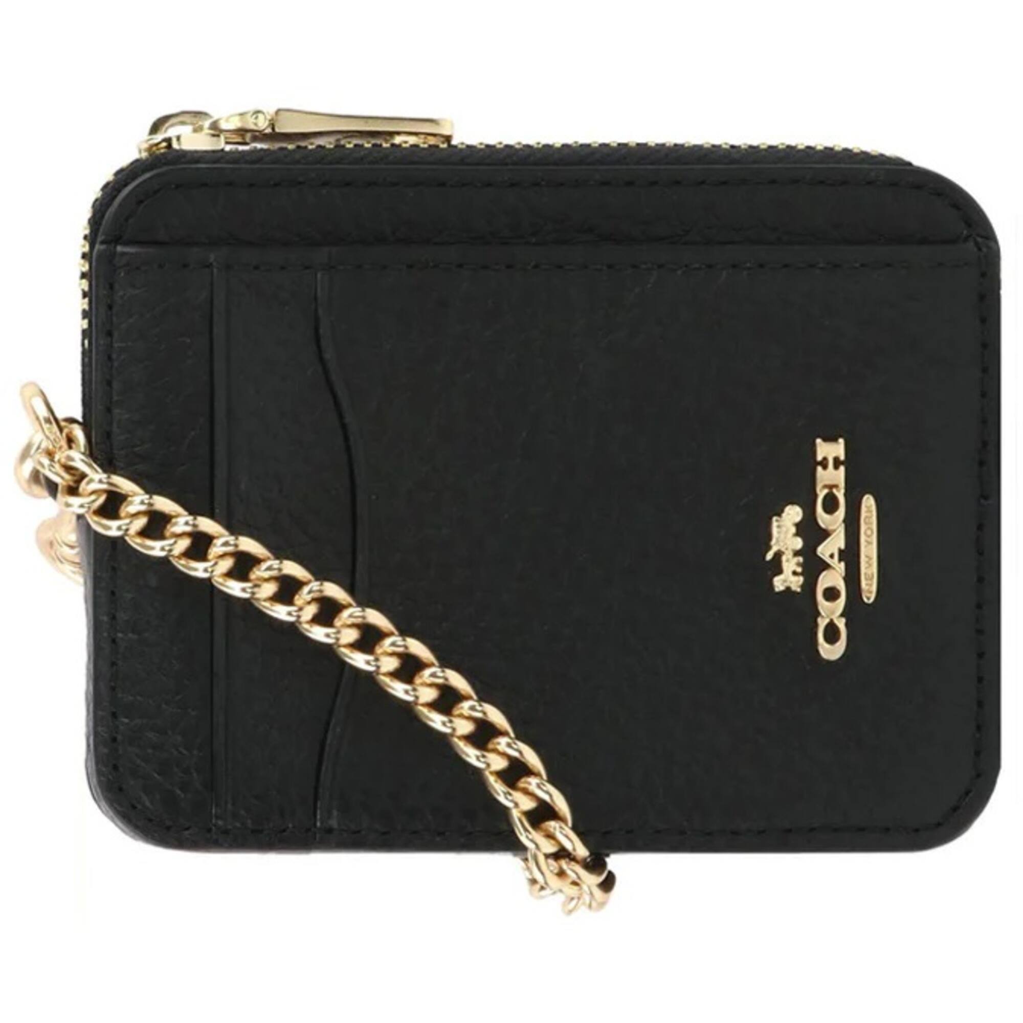 Coach Women's Zip Card Case - Refined Pebble Leather with Strap, Black | 6303 BLK