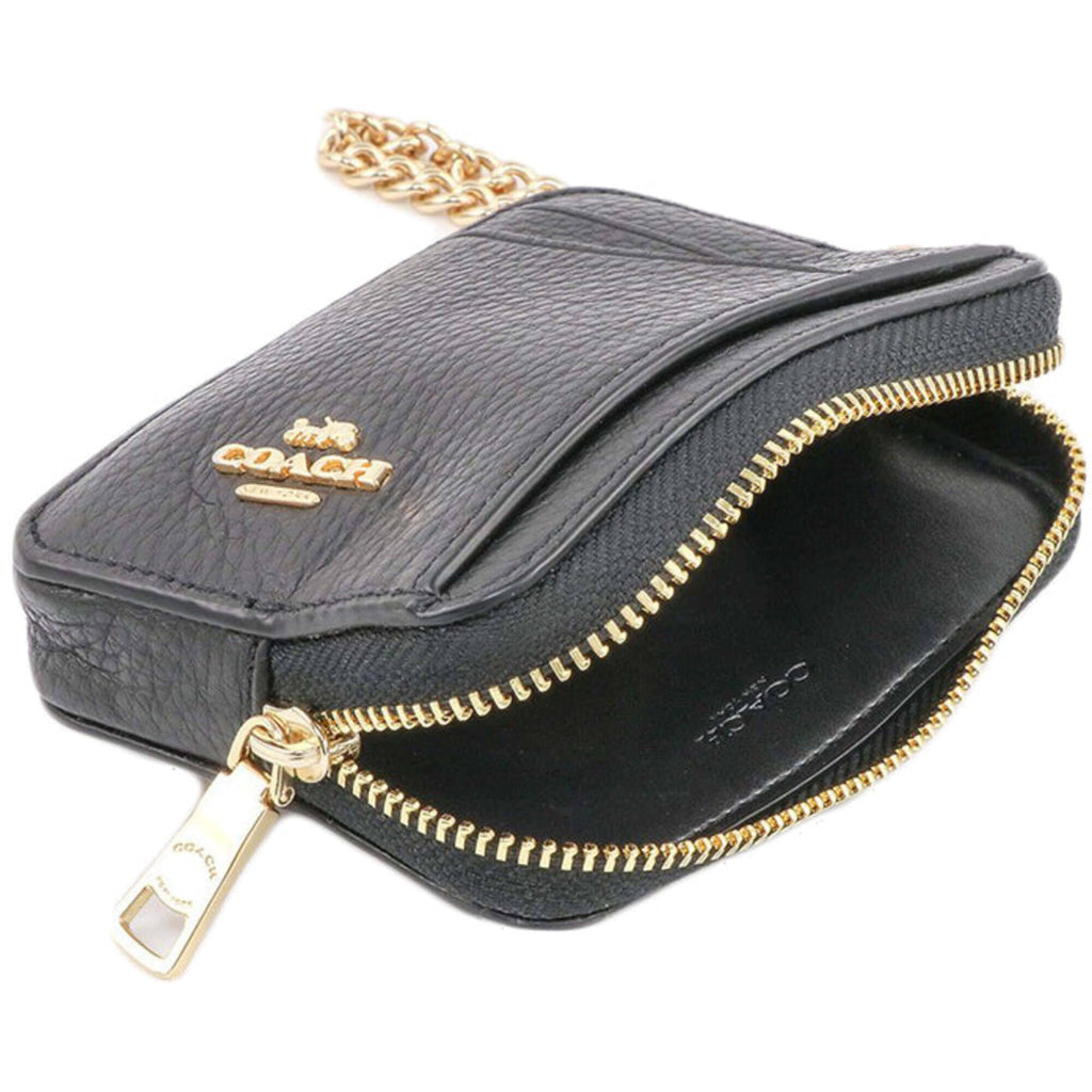 Coach Women's Zip Card Case - Refined Pebble Leather with Strap, Black | 6303 BLK
