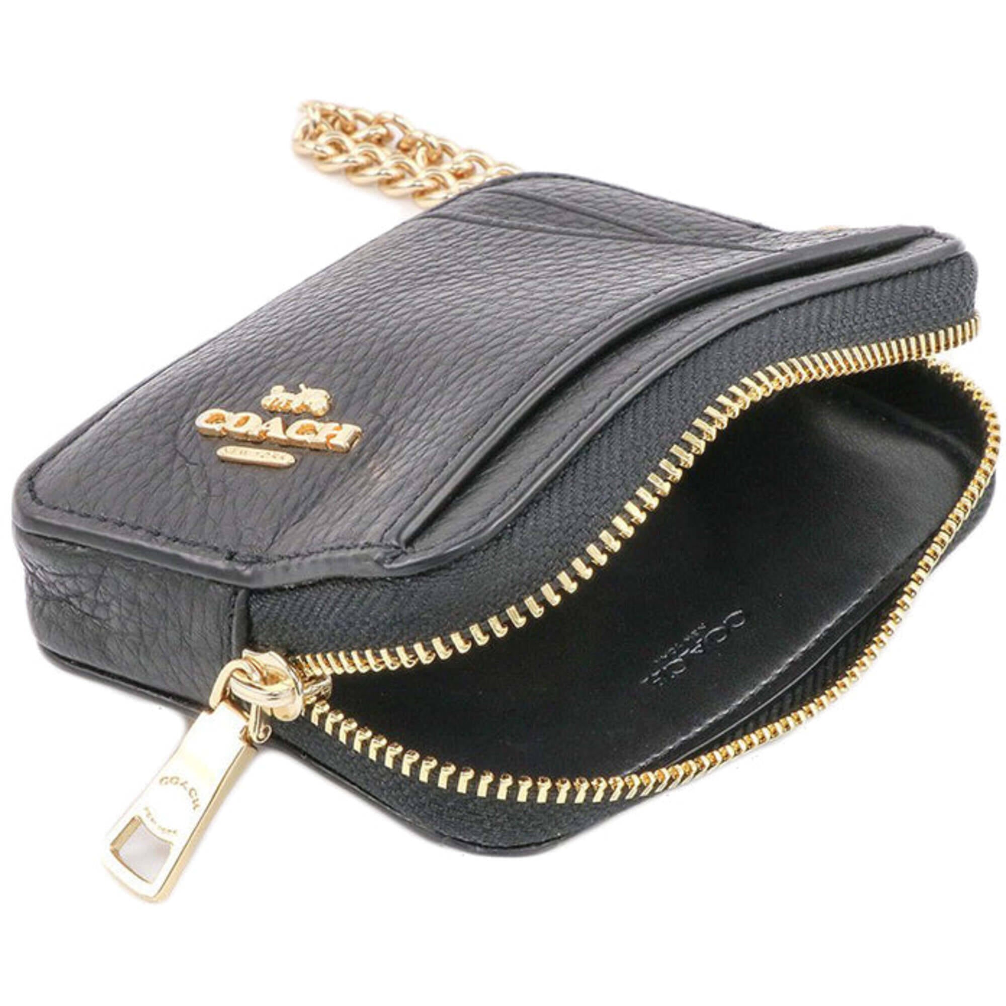 Coach Women's Zip Card Case - Refined Pebble Leather with Strap, Black | 6303 BLK