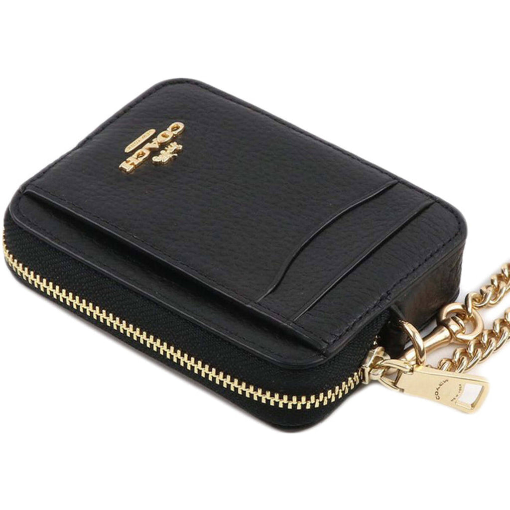 Coach Women's Zip Card Case - Refined Pebble Leather with Strap, Black | 6303 BLK