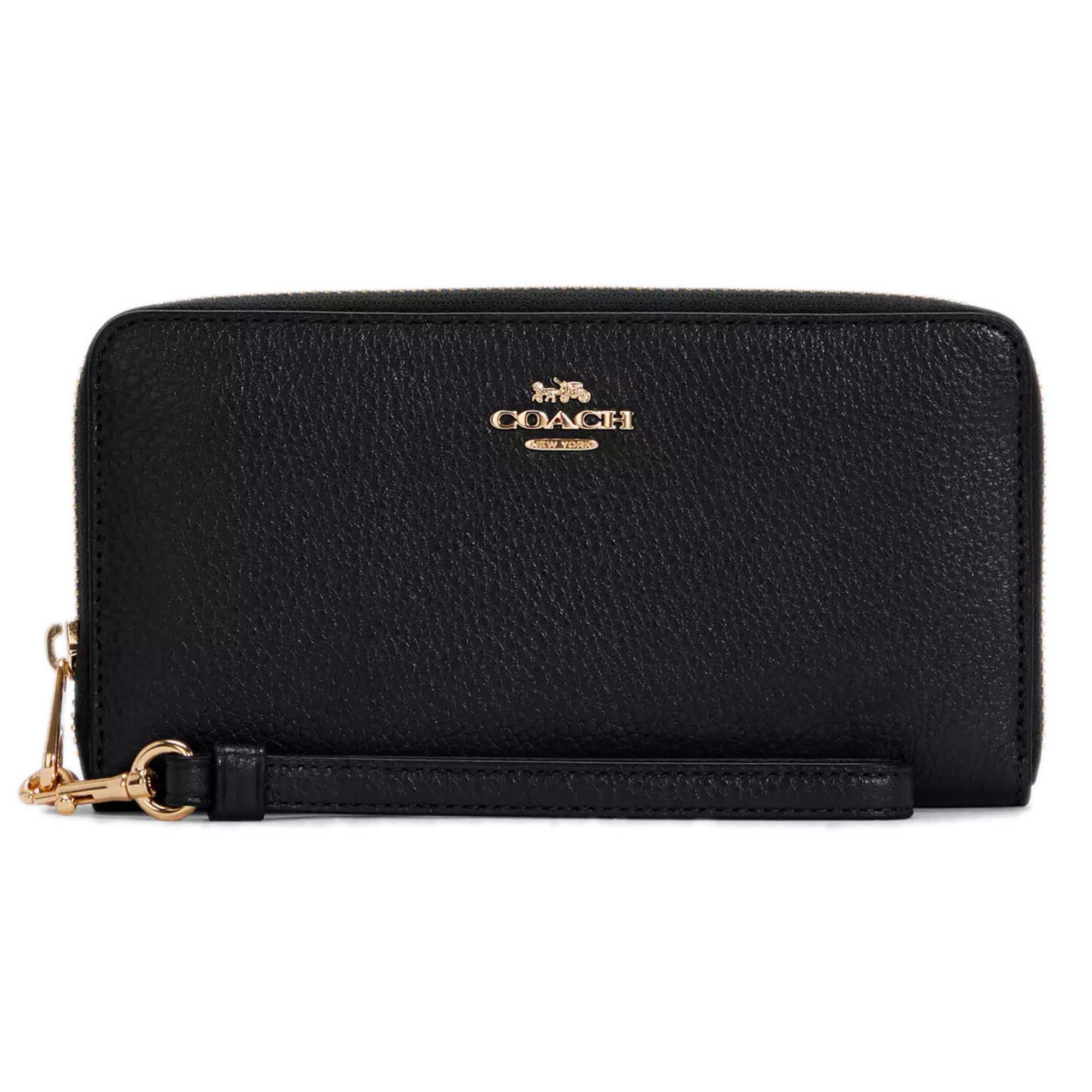 Coach Women's Wallet - Refined Pebble Leather Long Zip Around, Gold/Black | C4451 BLK