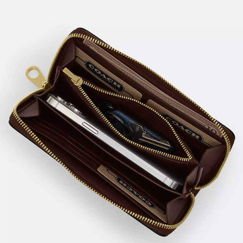 Coach Women's Wallet - Refined Pebble Leather Long Zip Around, Gold/Black | C4451 BLK