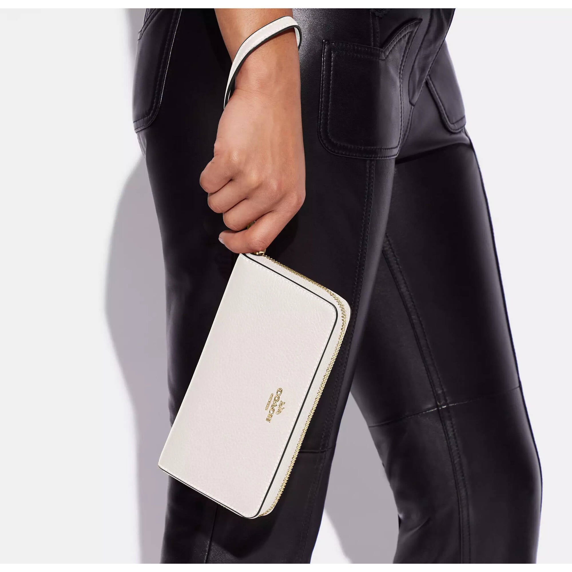 Coach Women's Wallet - Refined Pebble Leather Long Zip Around, Gold/Chalk | C4451 CHK