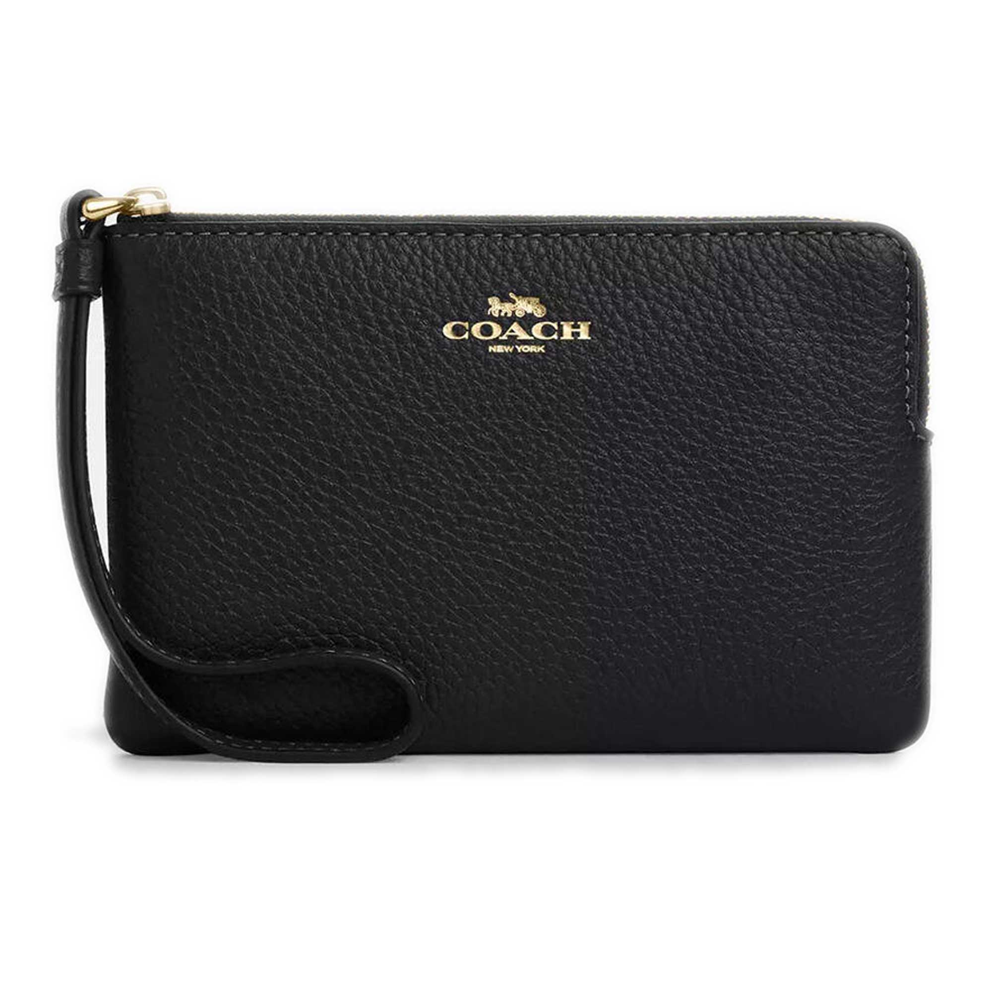 Coach Women's Wristlet - Pebble Leather Corner Zip, Gold/Black | CP483 BLK