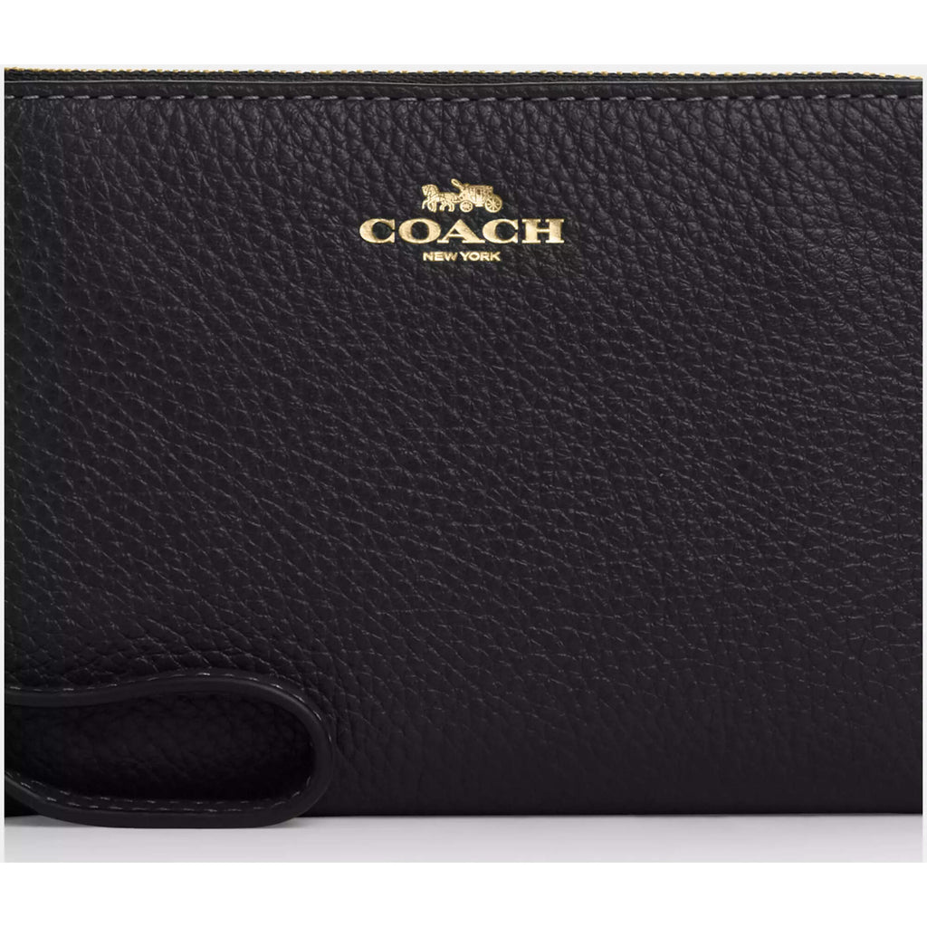 Coach Women's Wristlet - Pebble Leather Corner Zip, Gold/Black | CP483 BLK