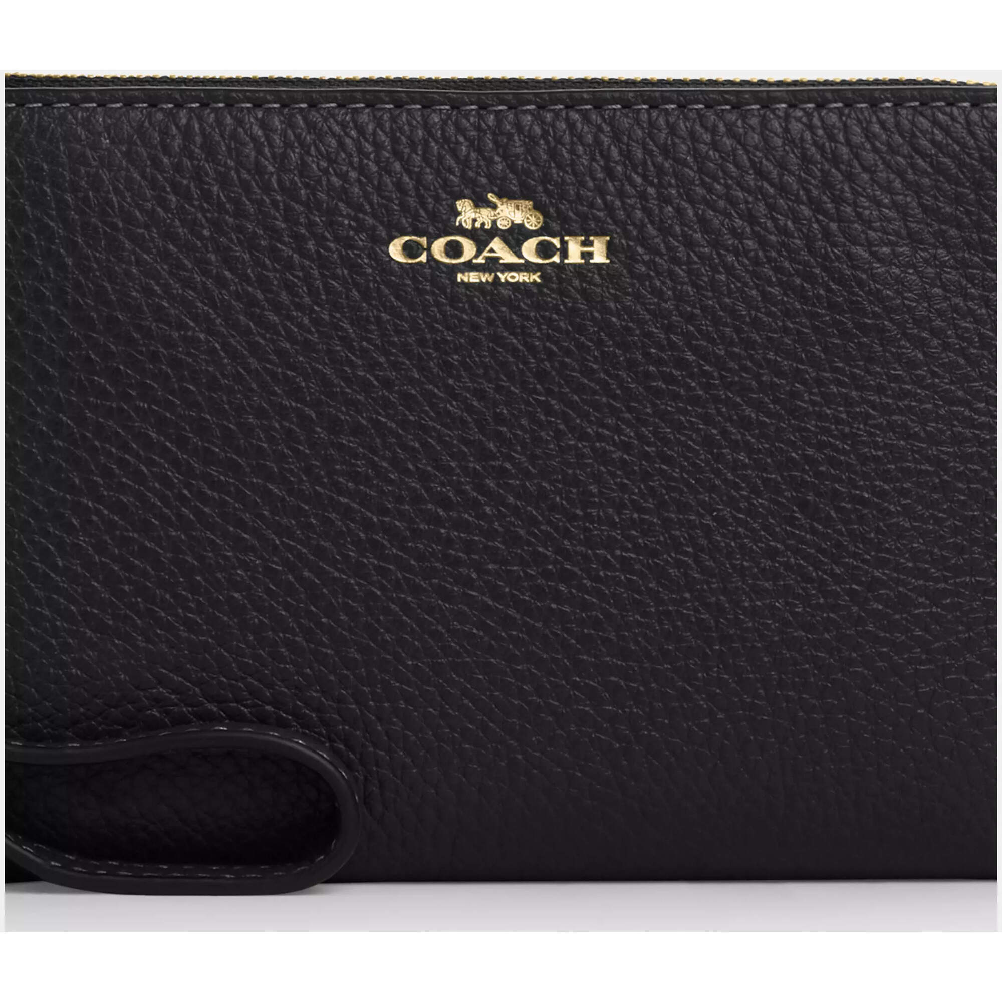 Coach Women's Wristlet - Pebble Leather Corner Zip, Gold/Black | CP483 BLK