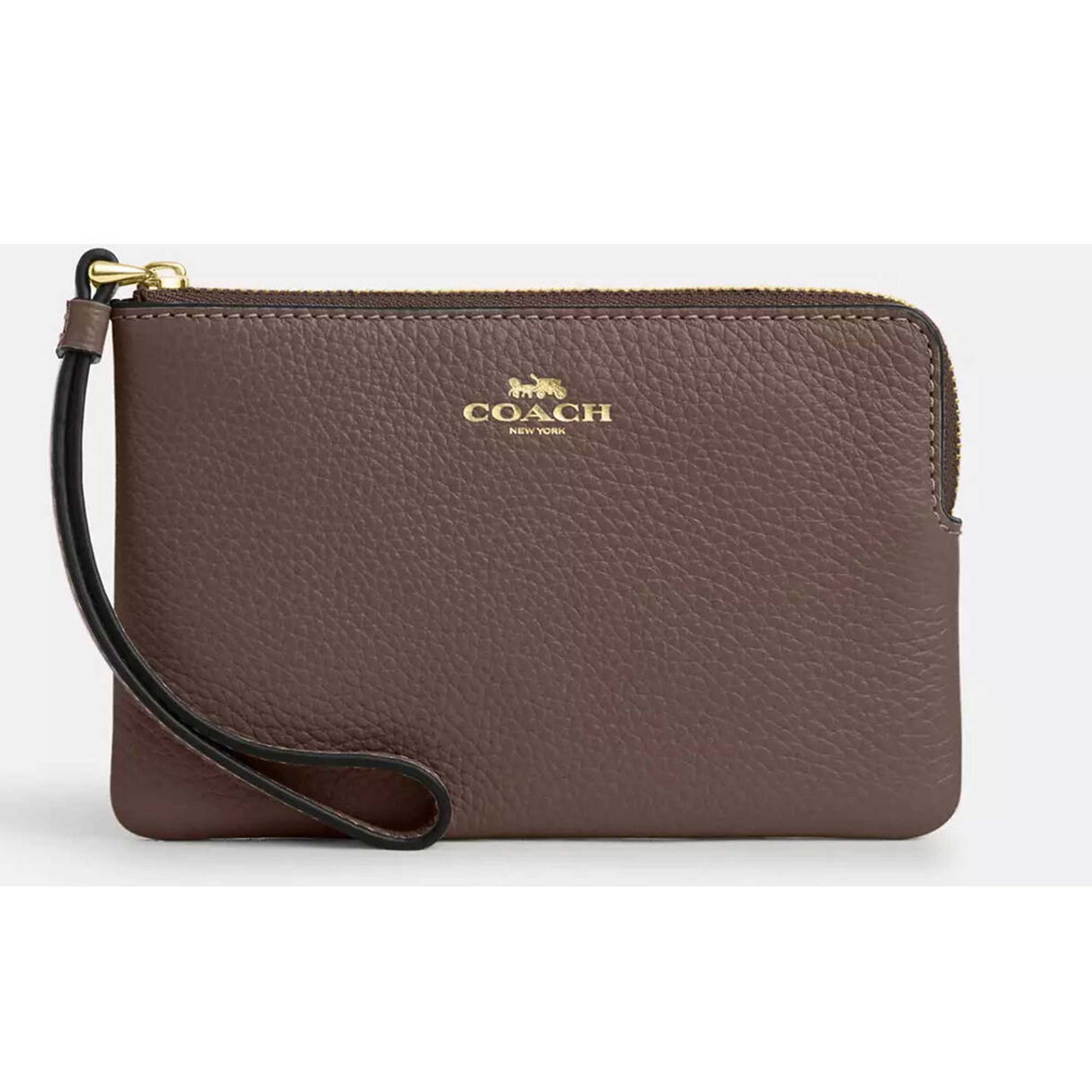 Coach Women's Wristlet - Corner Zip Pebble Leather, Gold/Dark Stone | CP483 DK STE
