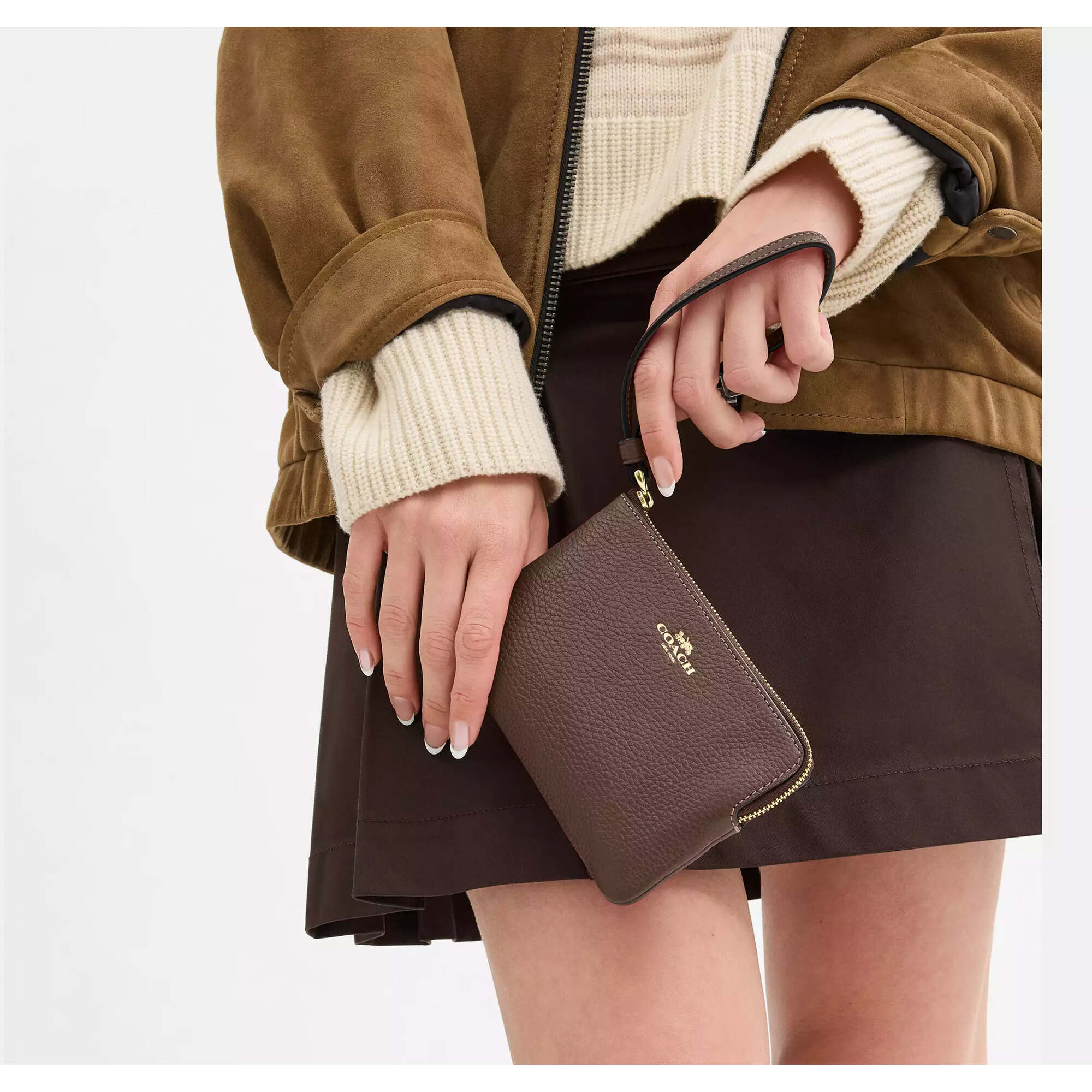 Coach Women's Wristlet - Corner Zip Pebble Leather, Gold/Dark Stone | CP483 DK STE