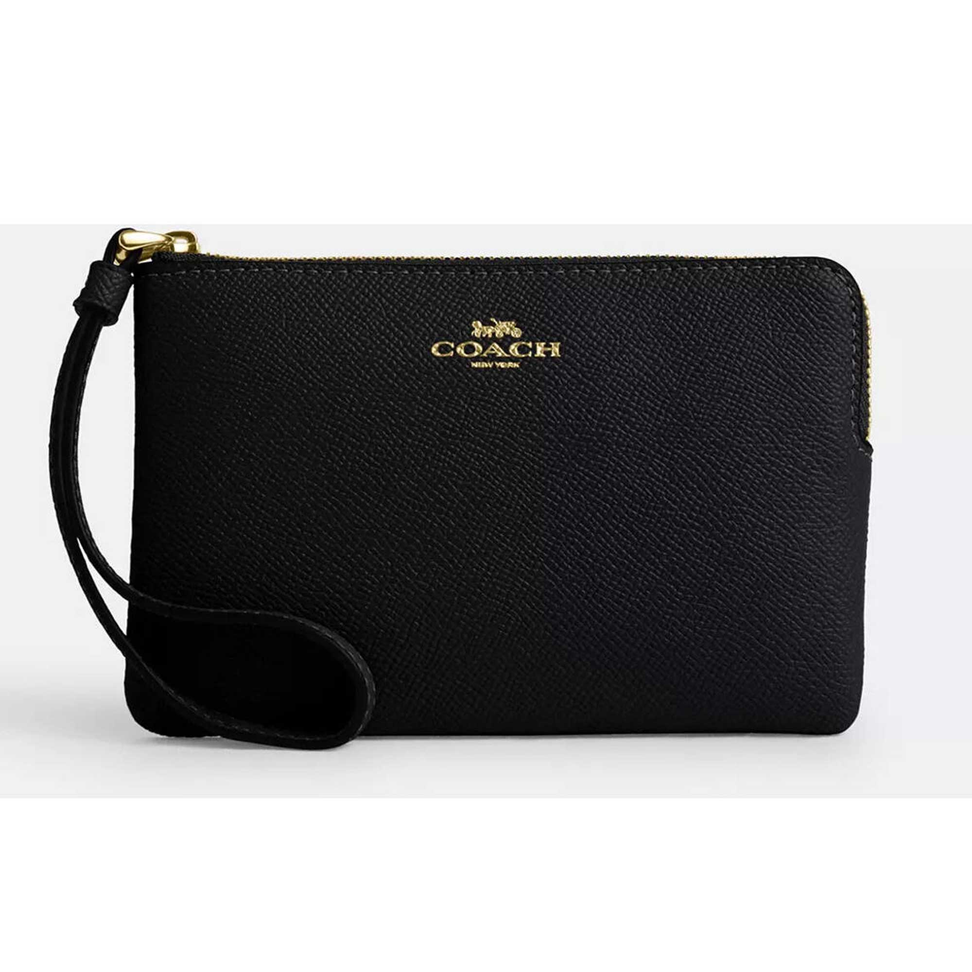 Coach Women's Wristlet - Crossgrain Leather Corner Zip, Gold/Black | CV396 BLK