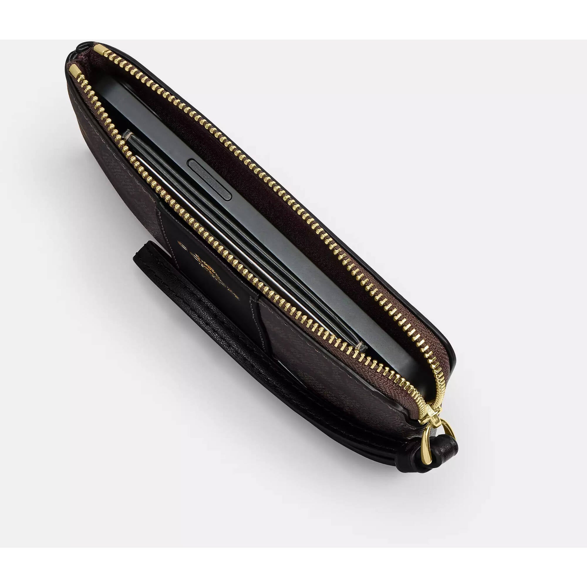 Coach Women's Wristlet - Crossgrain Leather Corner Zip, Gold/Black | CV396 BLK