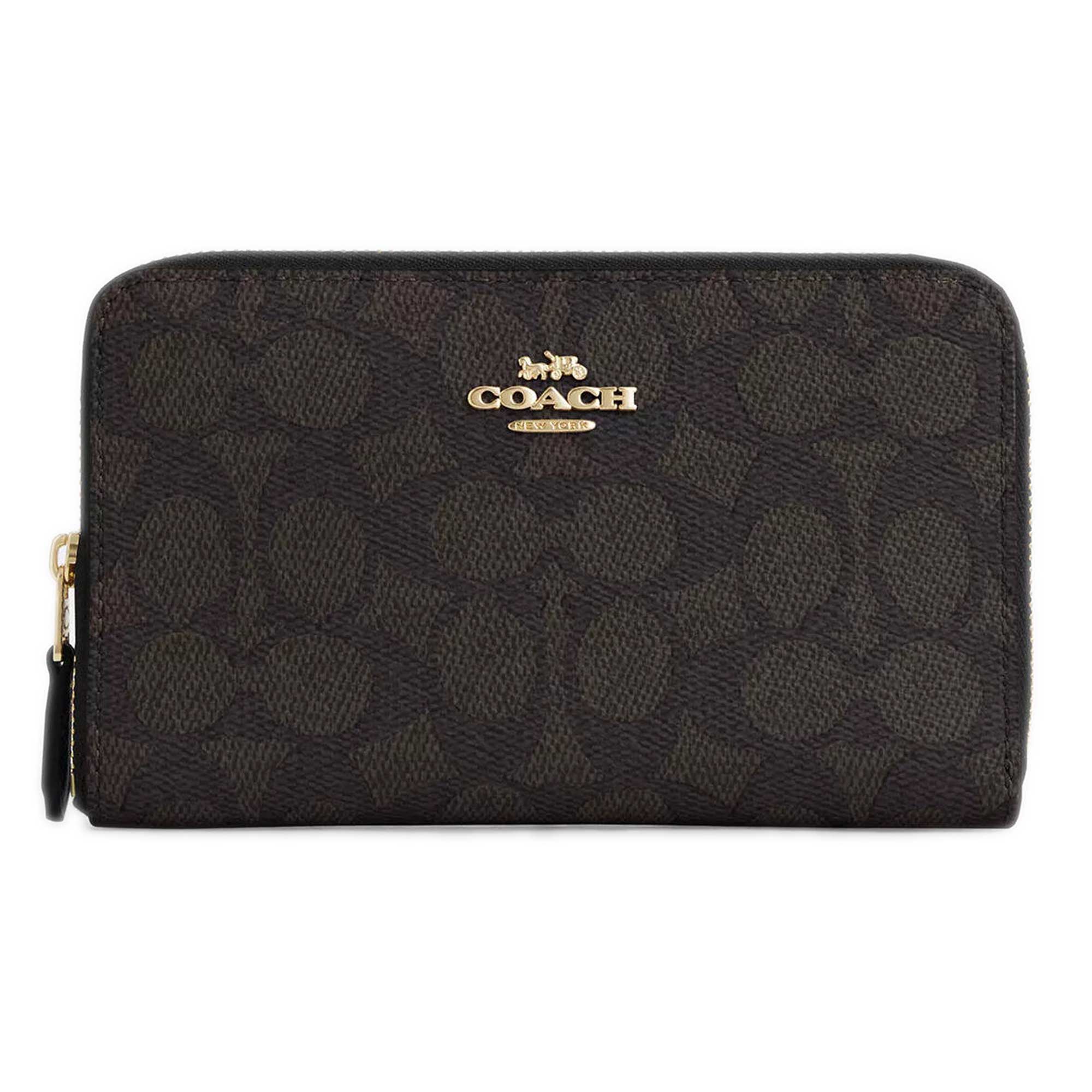 Coach Women's Zip Wallet - Signature Canvas Medium Id Gold/Walnut/Black | CW781 BLK