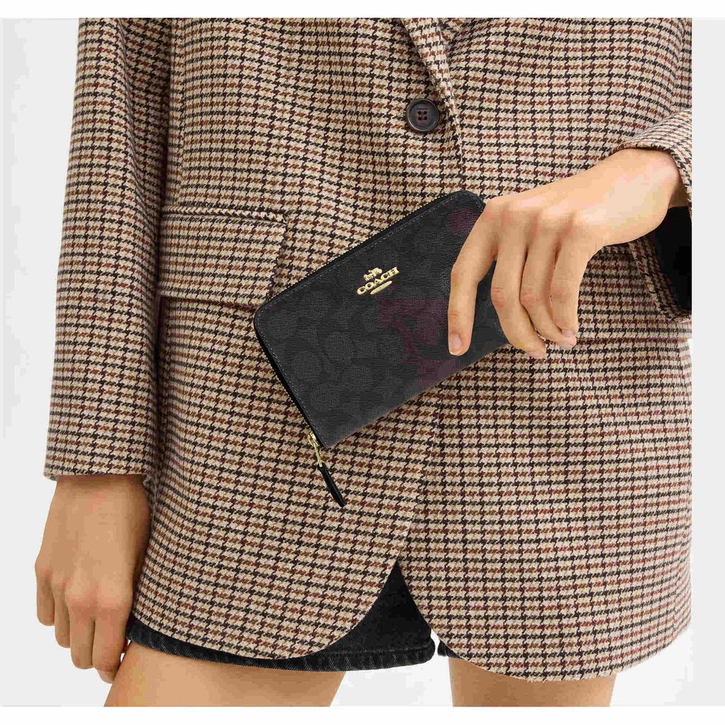 Coach Women's Zip Wallet - Signature Canvas Medium Id Gold/Walnut/Black | CW781 BLK