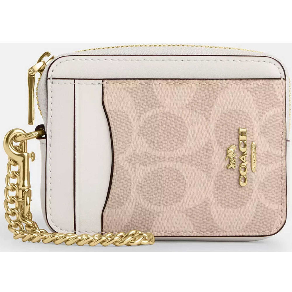 Coach Women's Card Case - Signature Canvas Zip, Gold/Sand/Chalk | CW883 SD CHK
