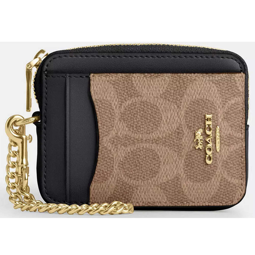 Coach Women's Card Case - Signature Canvas Zip, Gold/Tan/Black | CW883 BLK
