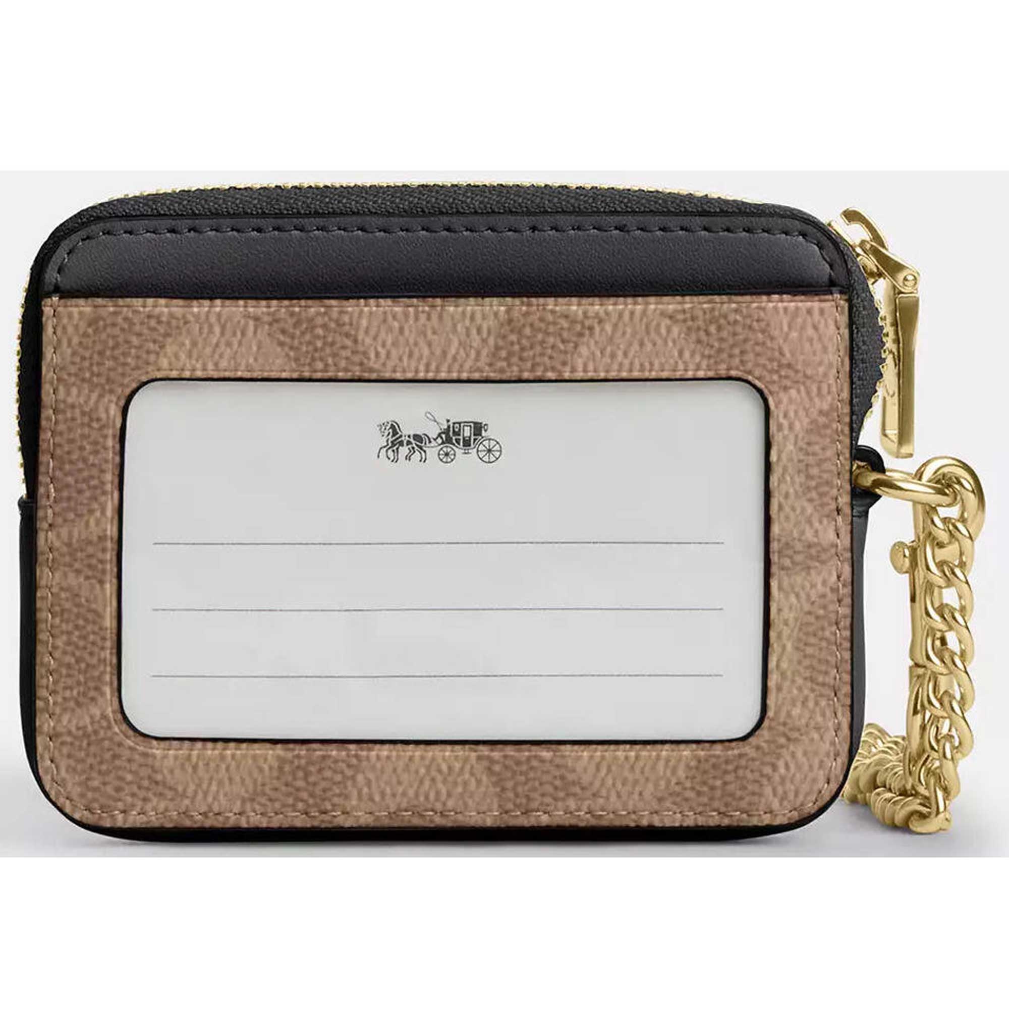 Coach Women's Card Case - Signature Canvas Zip, Gold/Tan/Black | CW883 BLK