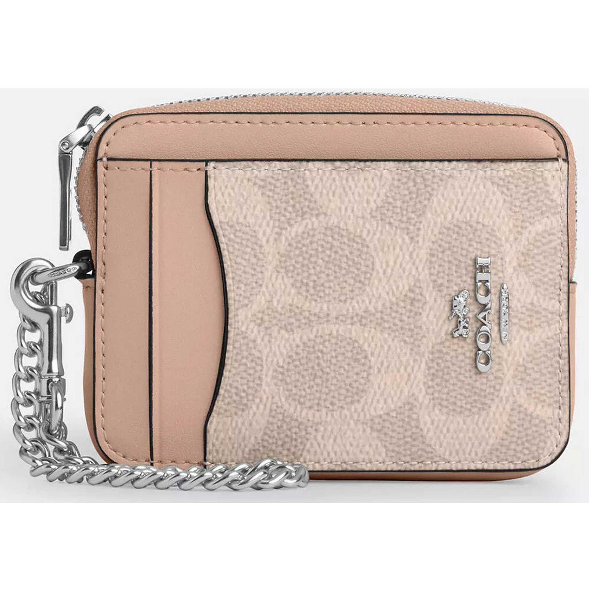 Coach Women's Card Case - Signature Canvas Zip, Silver/Sand/Taupe | CW883 TAE