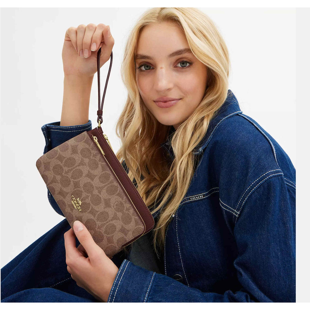 Coach Women's Wallet - Double Zip Signature Canvas, Gold/Tan/Brown | CX161 BRN