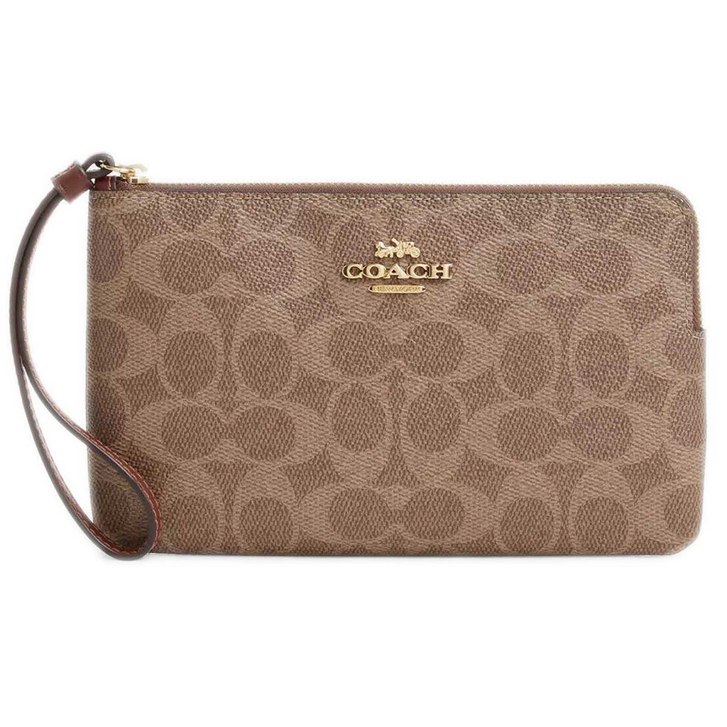Coach Women's Wristlet - Large Corner Signature Canvas, Gold/Tan/Brown | CZ277 BRN
