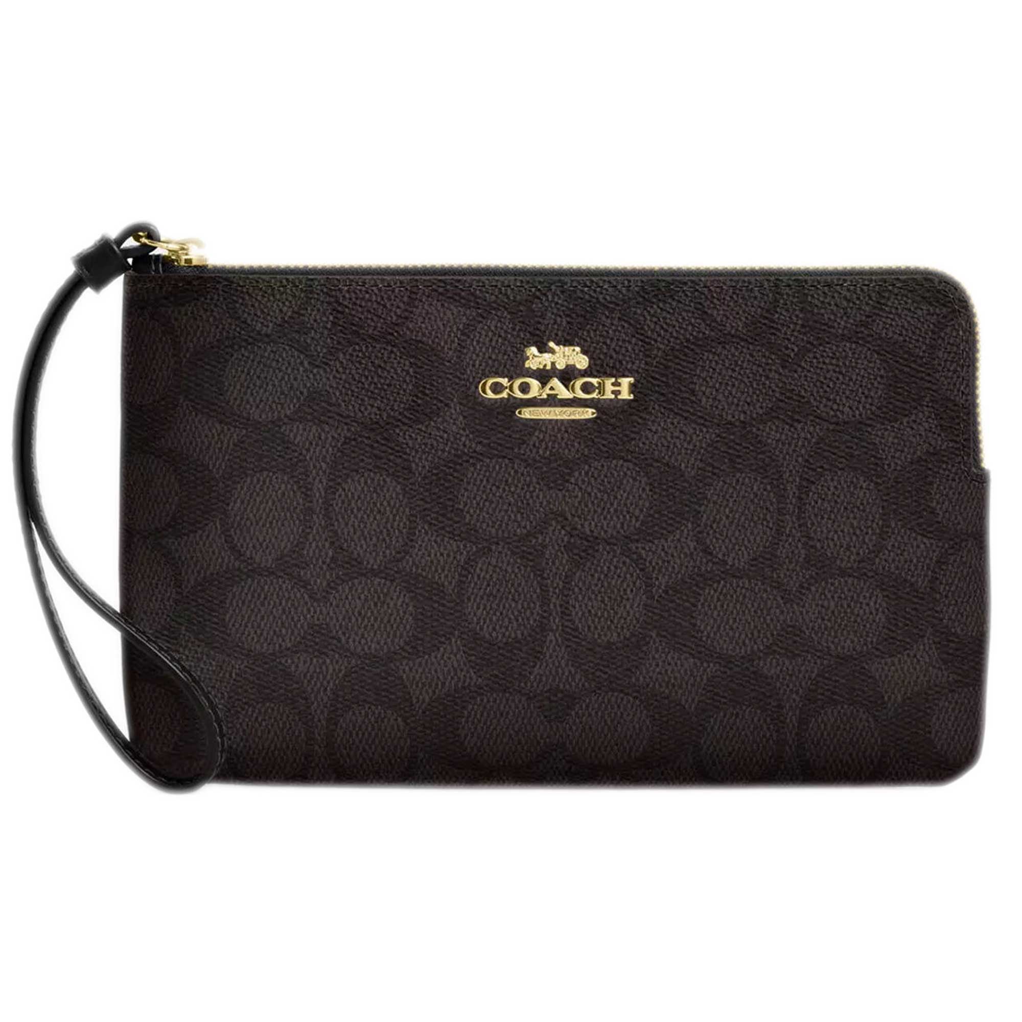 Coach Women's Wristlet - Large Corner Canvas, Gold/Walnut/Black | CZ277 BLK