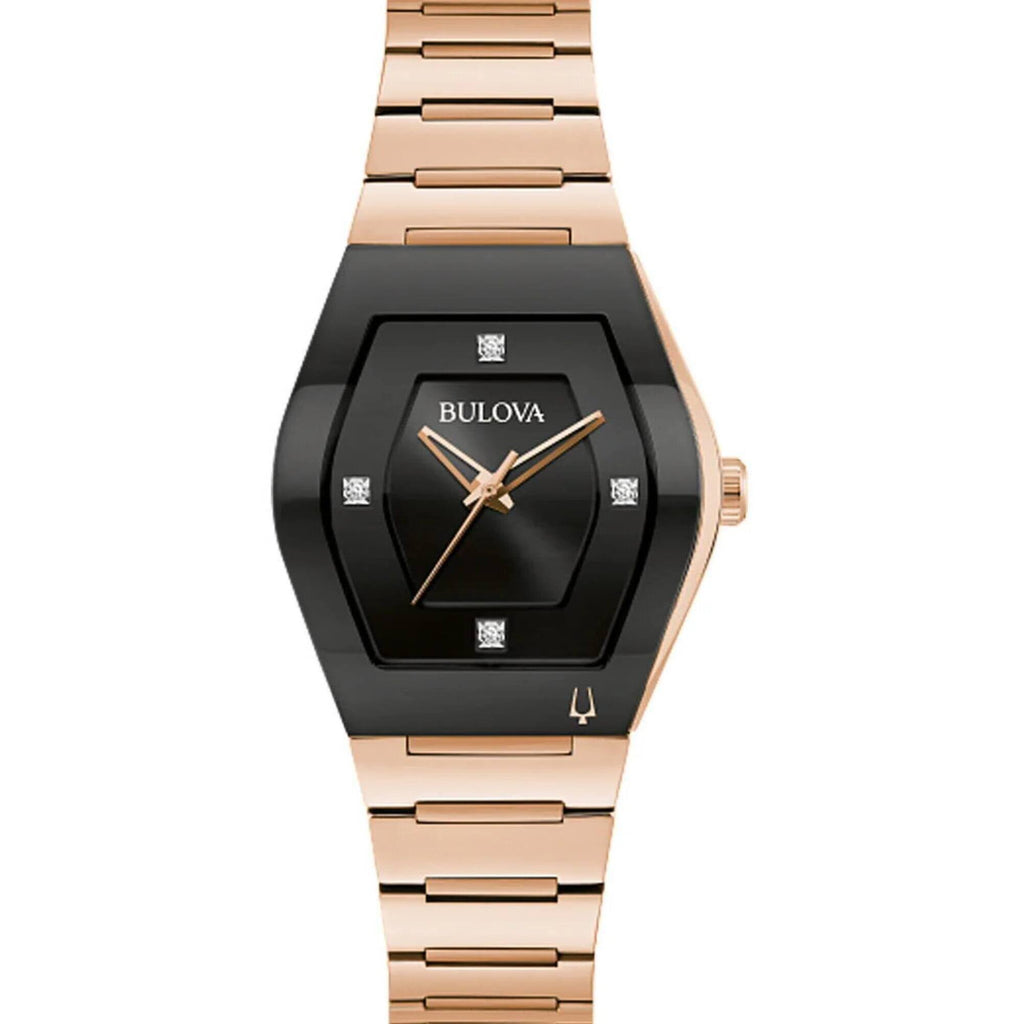 Bulova Women's Watch - Gemini Quartz Black Dial Rose Gold Bracelet Diamond | 97P158