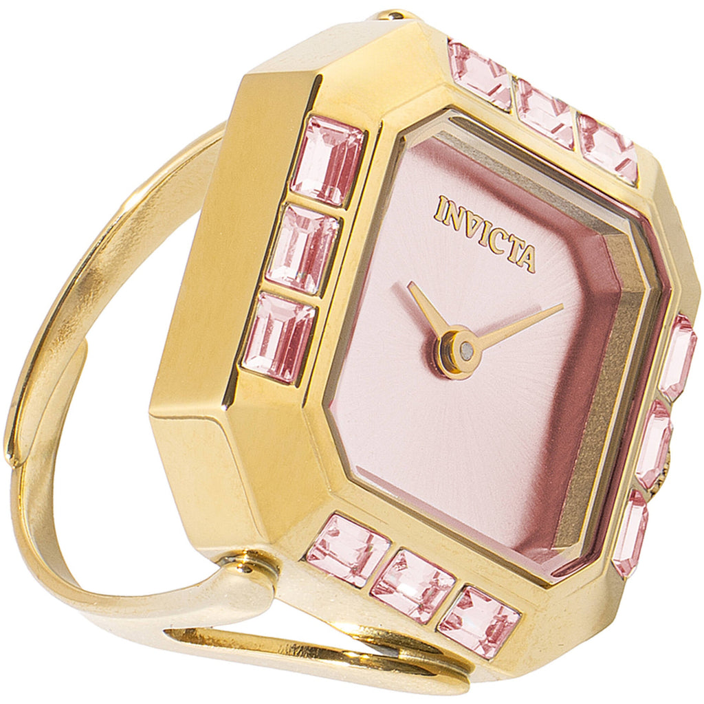 Invicta Women's Mini Ring Watch - Angel Pink Dial Yellow Gold Band Crystal | 49586
