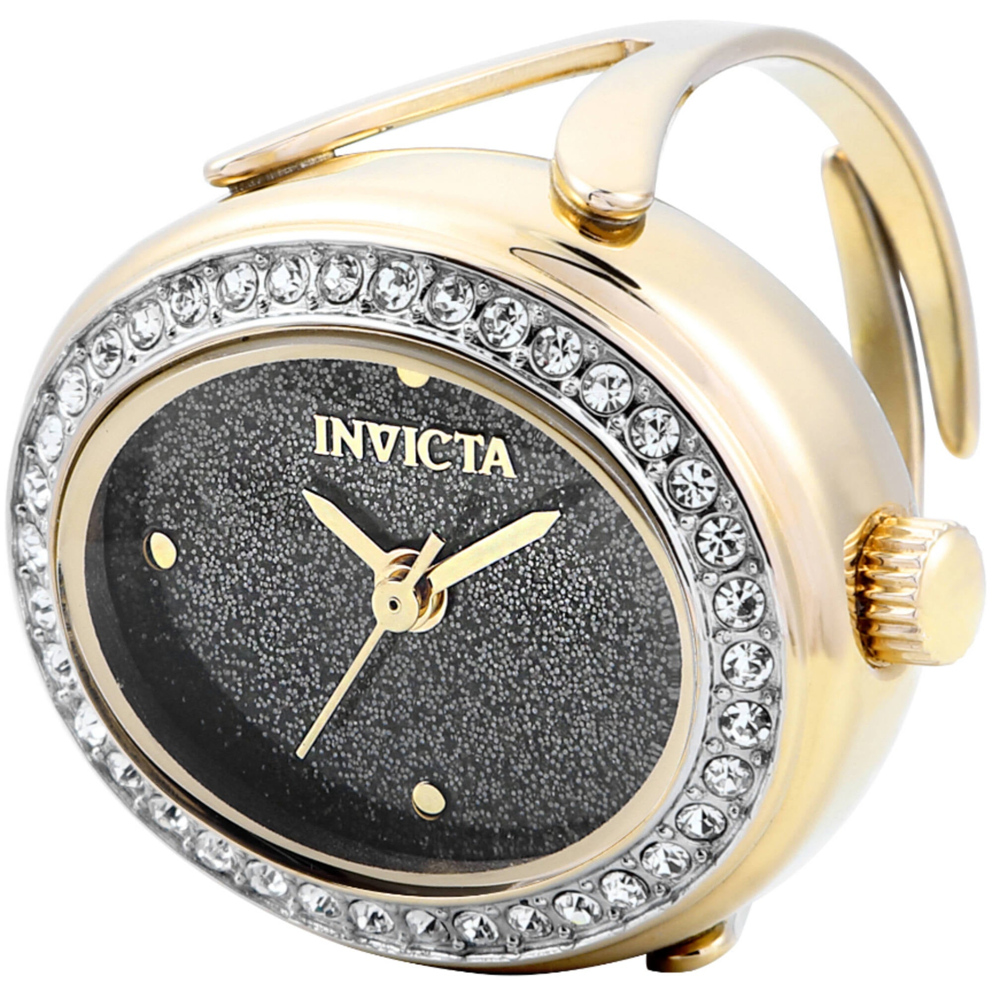Invicta Women's Mini Ring Watch - Angel Black Glitter Dial Yellow Gold Band | 49601