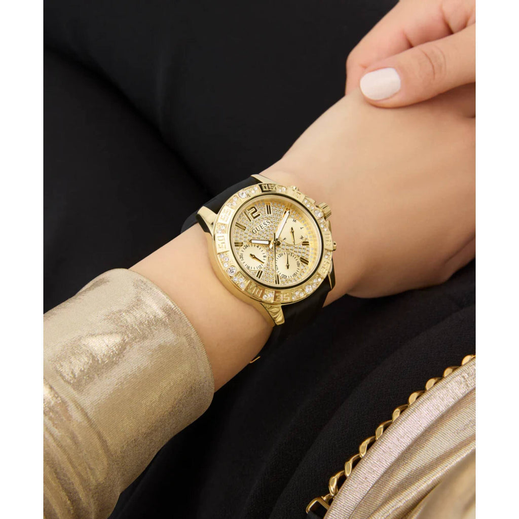 Guess Women's Watch - Quartz Champagne Dial Black Silicone Rubber Strap | GW0772L5