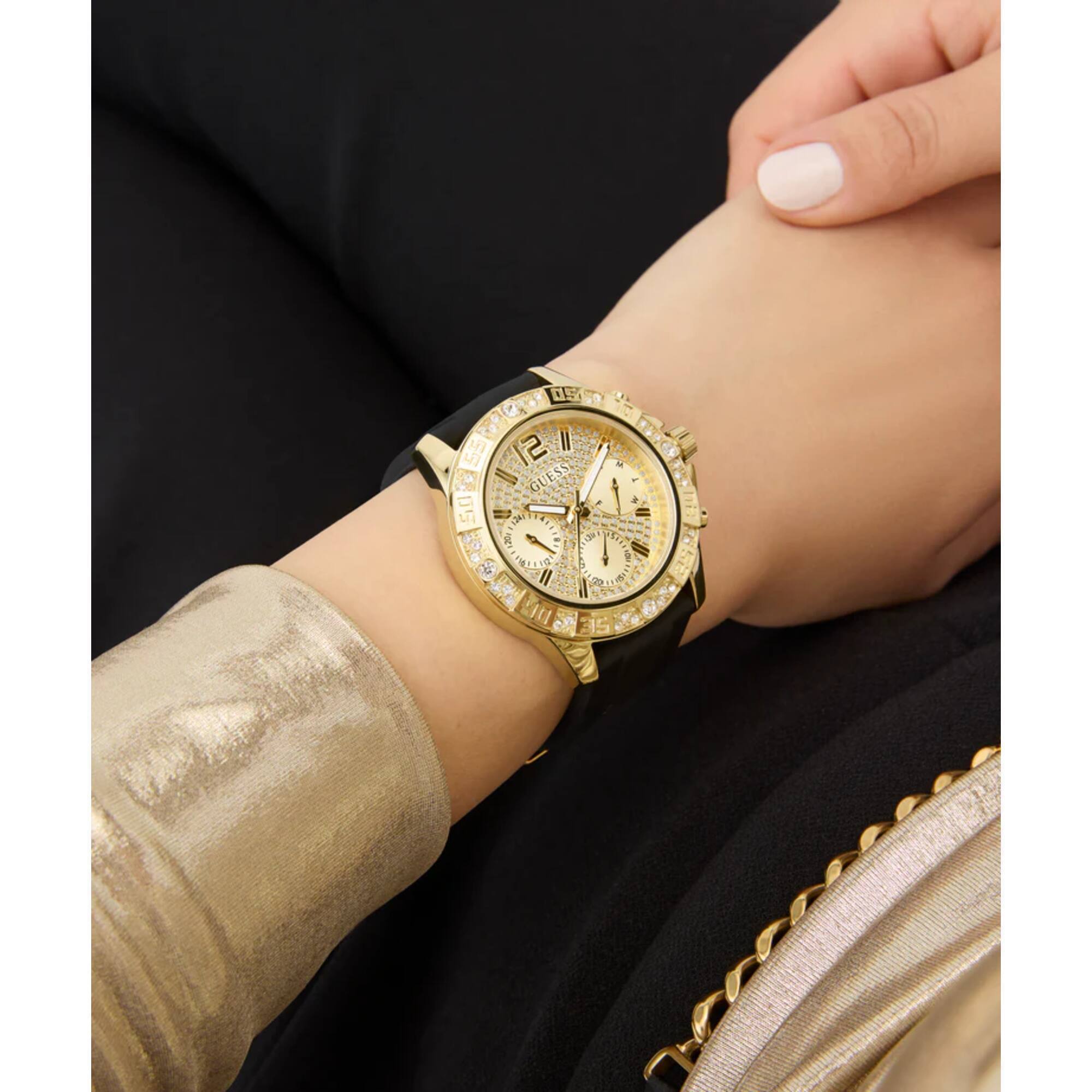 Guess Women's Watch - Quartz Champagne Dial Black Silicone Rubber Strap | GW0772L5