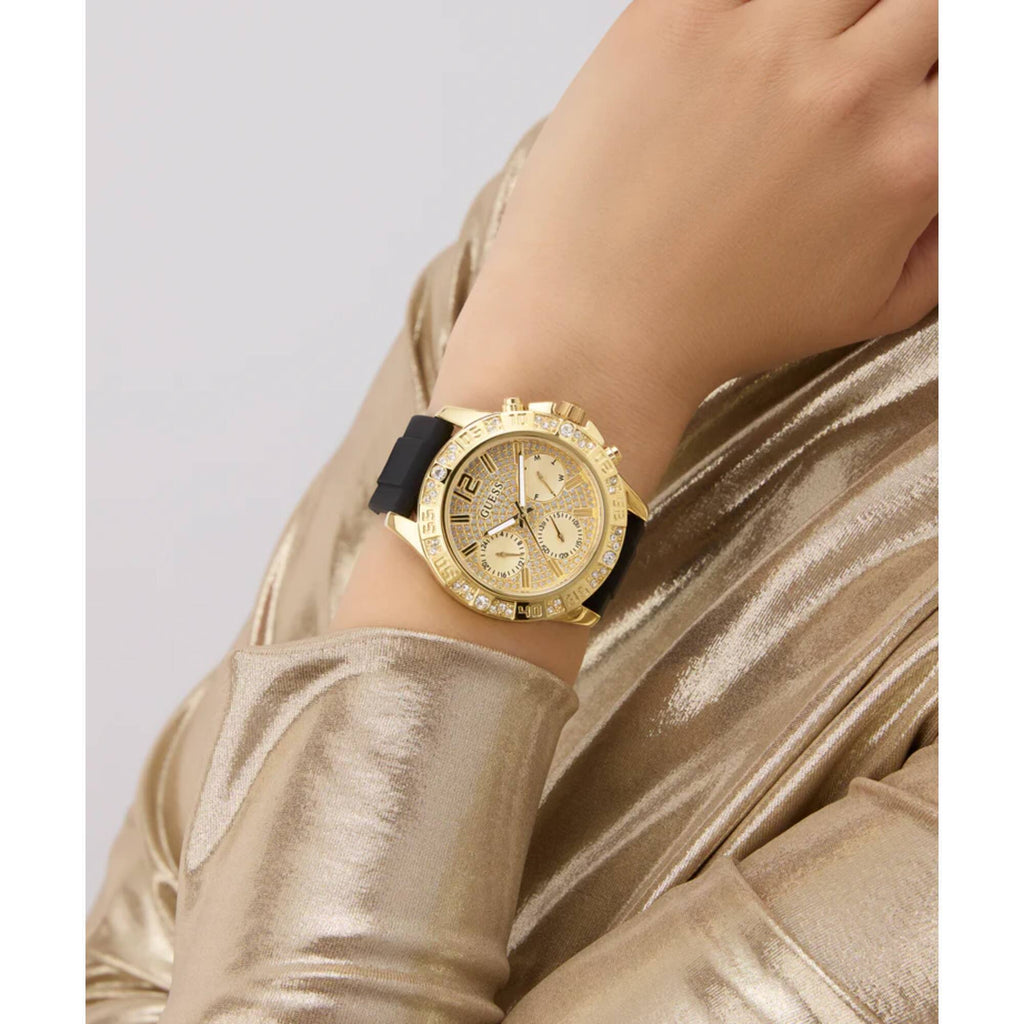 Guess Women's Watch - Quartz Champagne Dial Black Silicone Rubber Strap | GW0772L5