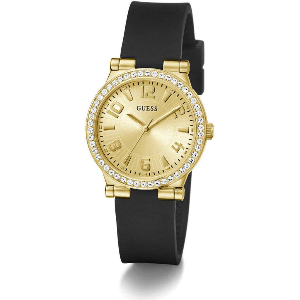 Guess Women's Watch - Fawn Crystal Bezel Champagne Dial Black Strap | GW0844L1