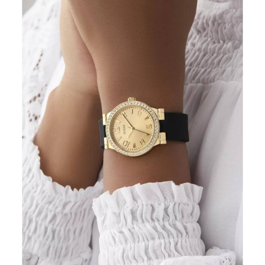 Guess Women's Watch - Fawn Crystal Bezel Champagne Dial Black Strap | GW0844L1