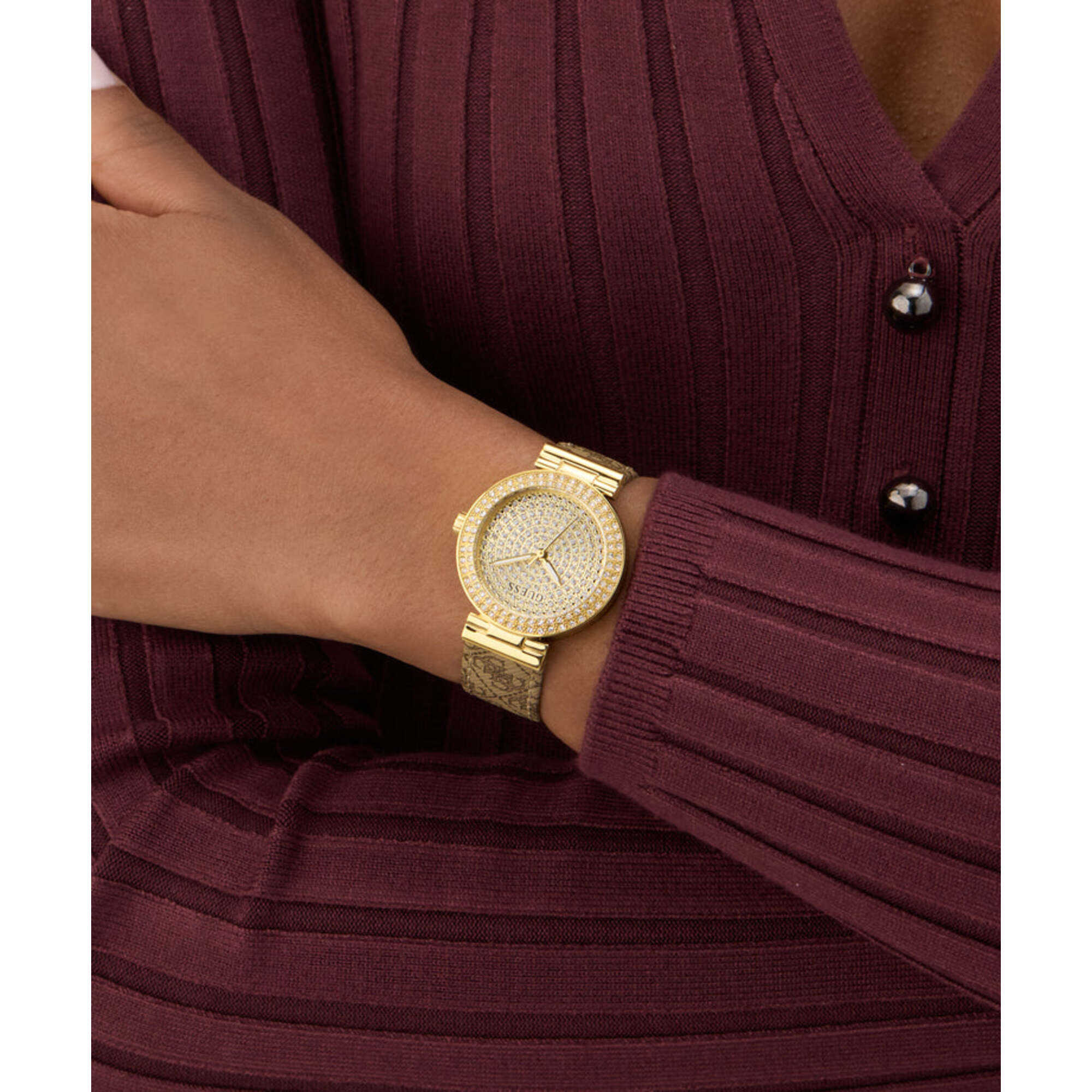 Guess Women's Watch - Ivy Crystal Champagne Dial Beige Leather Strap | GW0943L2