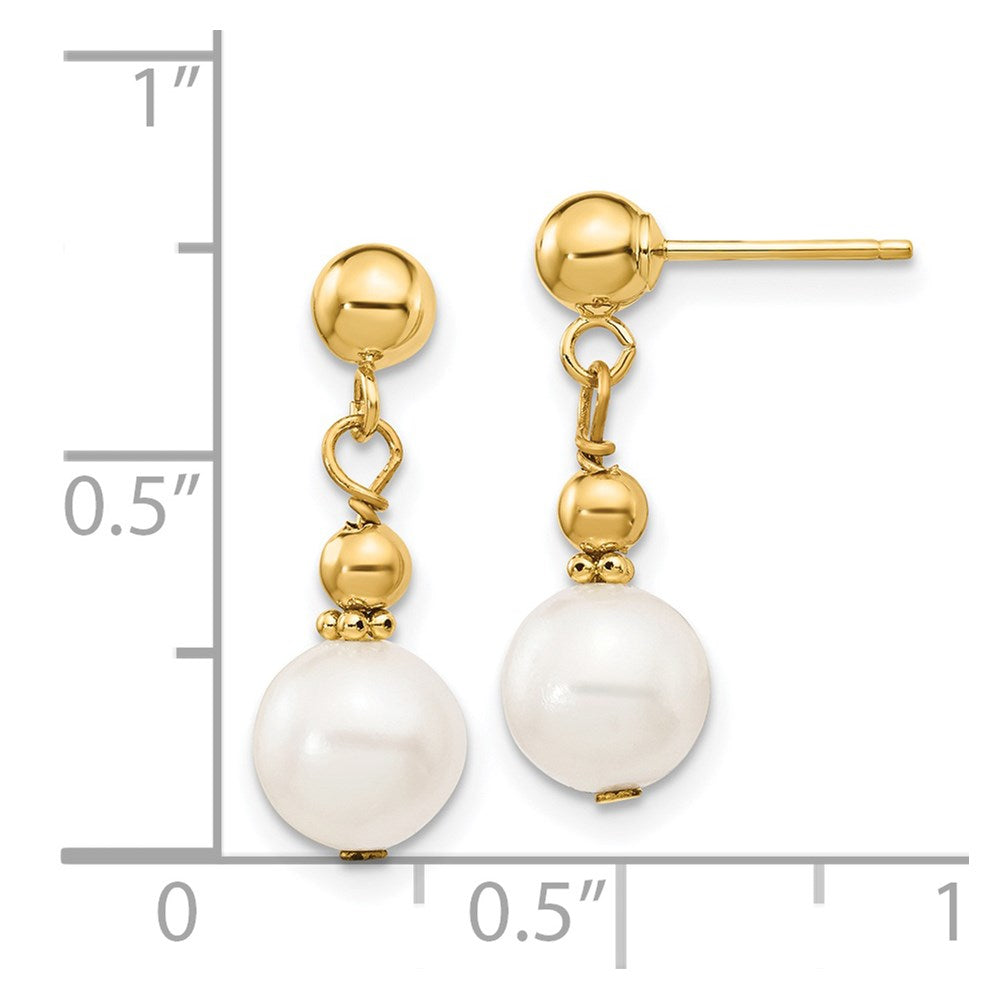 14K 7-8mm White Semi-round Freshwater Cultured Pearl Dangle Post Earrings
