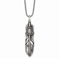 Stainless Steel Antiqued & Polished w/White Cat's Eye Feather 24in Necklace