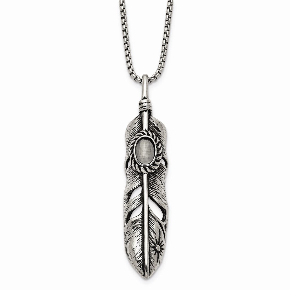 Stainless Steel Antiqued & Polished w/White Cat's Eye Feather 24in Necklace