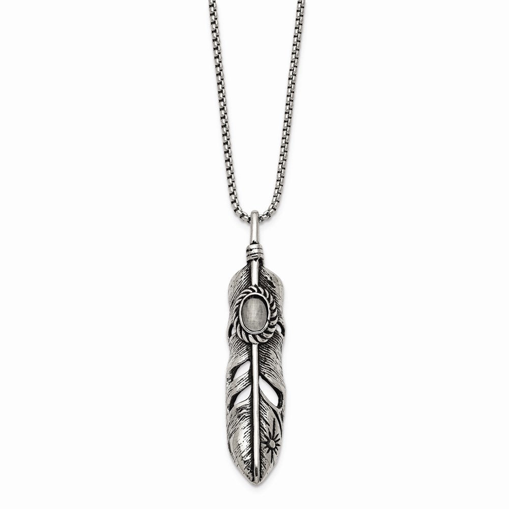 Stainless Steel Antiqued & Polished w/White Cat's Eye Feather 24in Necklace
