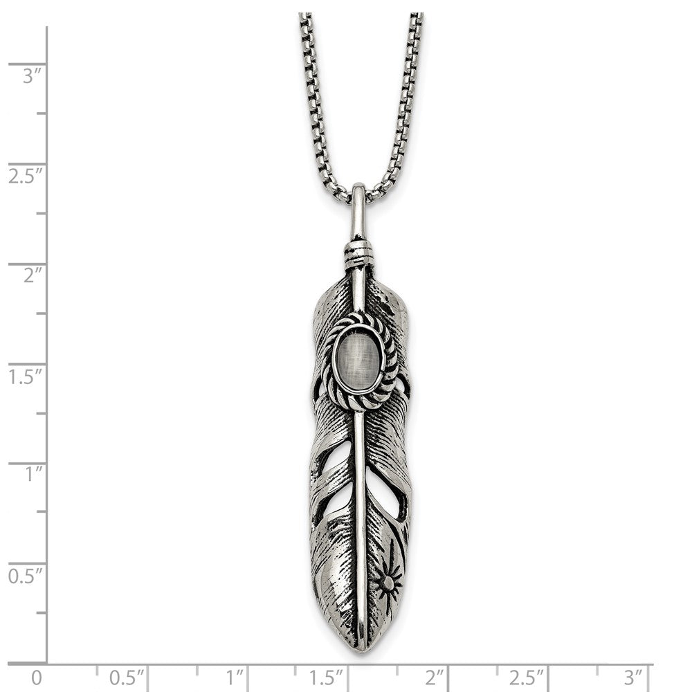Stainless Steel Antiqued & Polished w/White Cat's Eye Feather 24in Necklace