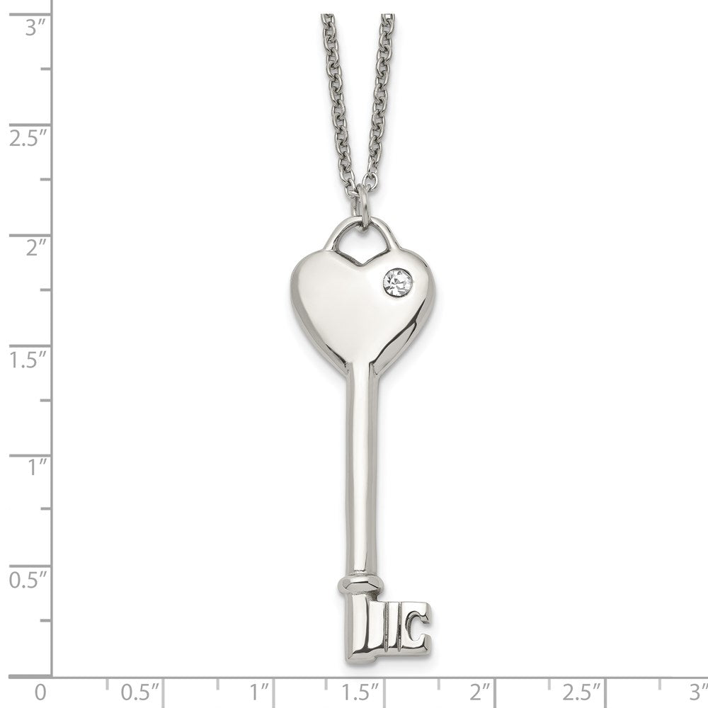Stainless Steel Heart with CZ Key Pendant Necklace