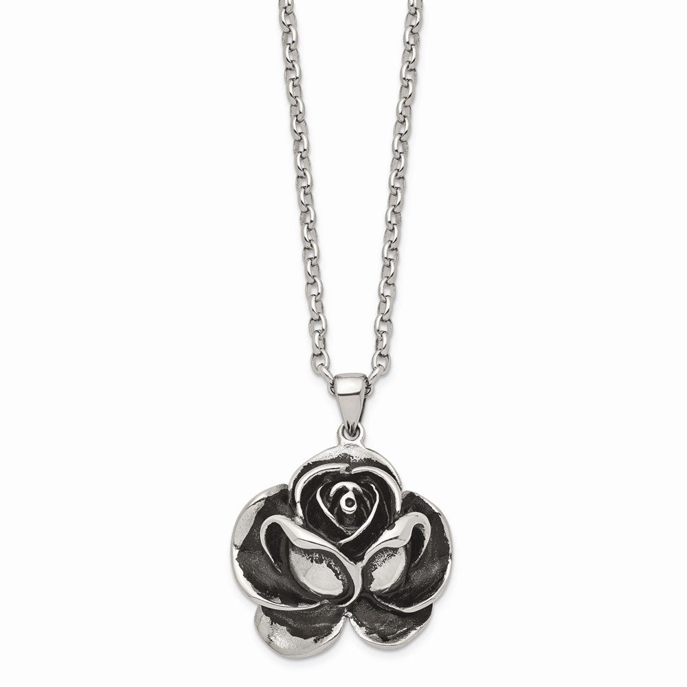 Stainless Steel Antiqued Flower Pendant Necklace