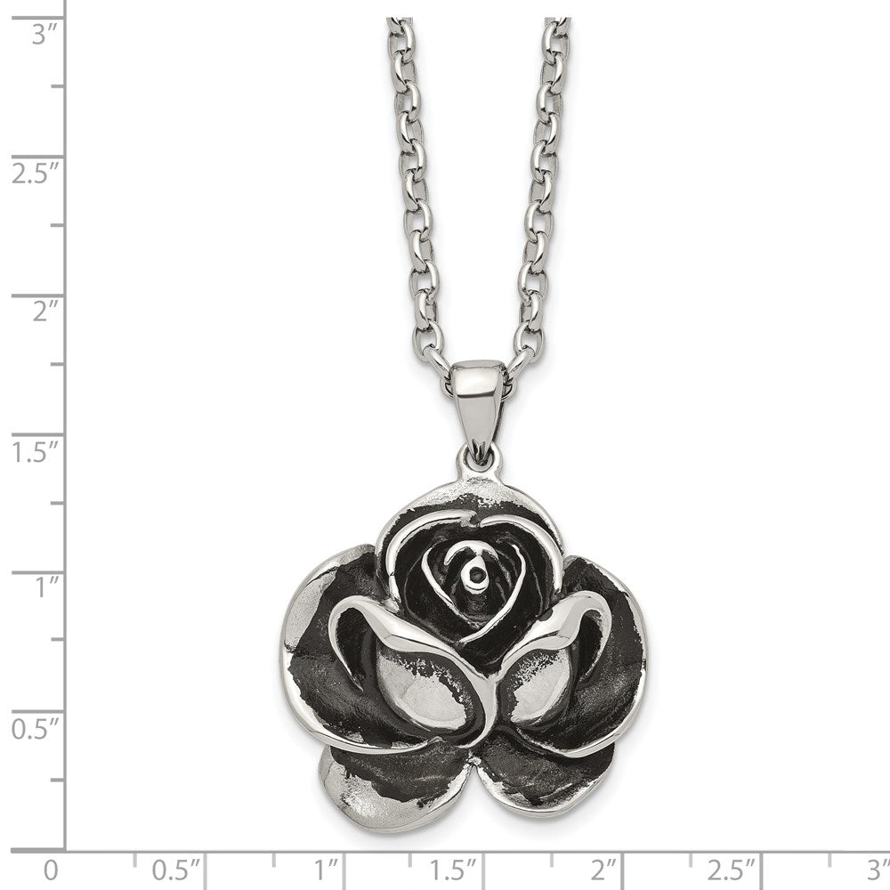 Stainless Steel Antiqued Flower Pendant Necklace