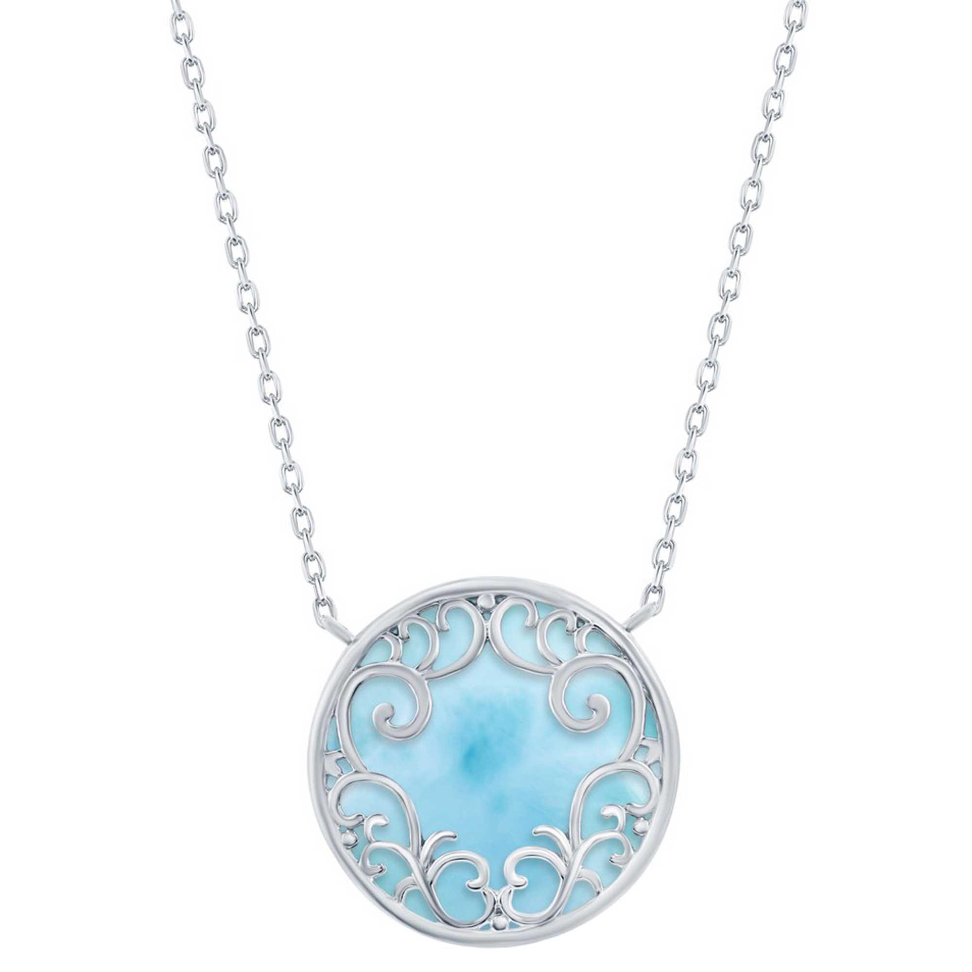 Women's Necklace - Silver Round Larimar Filigree Design | M-6695